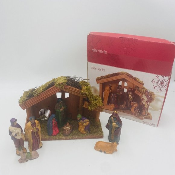 Elements Ceramic Dark Ethnic Nativity Set with Wooden Manger Figurines Set of 10 - Picture 4 of 12